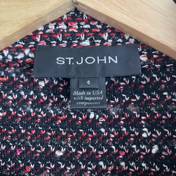 St. John Tweed Knit Jacket Size 6 Red Black White Wool Blend 3/4 Sleeve - Picture 4 of 5